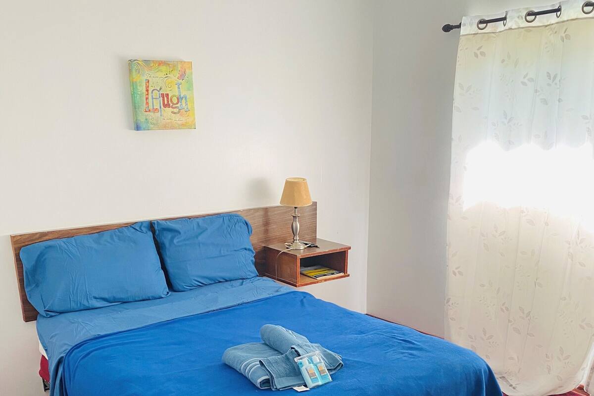 A neatly made bed with blue bedding, a bedside lamp, and a small shelf with books.