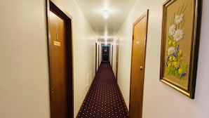 A hotel hallway with a patterned carpet, wooden doors, and a framed floral artwork on the wall. - Theodore Motor Hotel (Theodore)