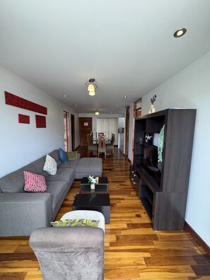 A modern living room with a grey sofa, a coffee table, and a TV stand.