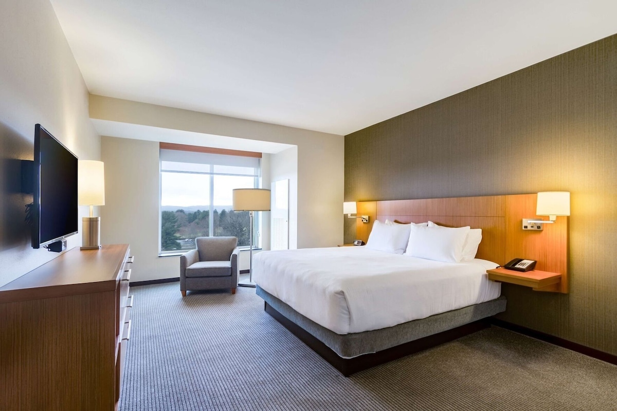 A hotel room with a bed, a desk with a TV, a chair, a nightstand with a phone, and a window with a view.