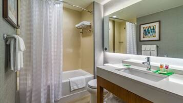 Designer toiletries, hair dryer, towels