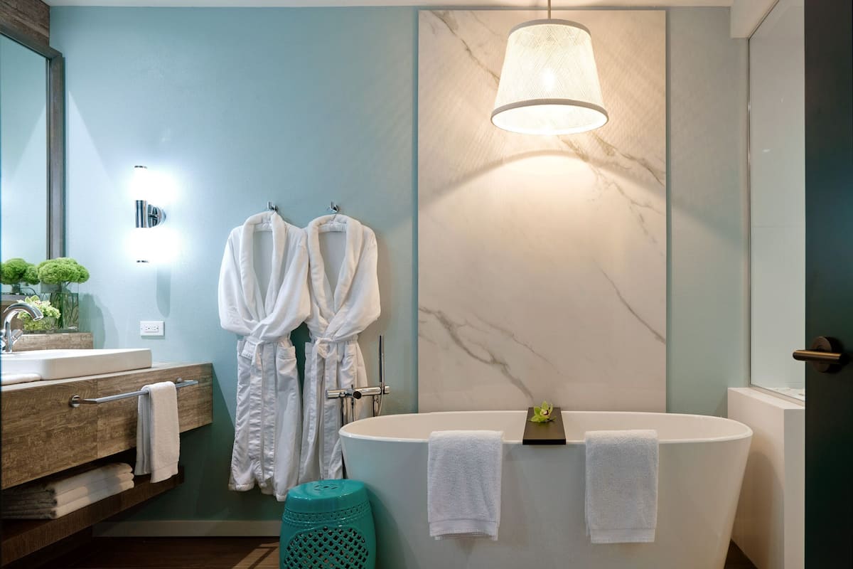 separate bathtub and shower, free toiletries, hair dryer, bathrobes