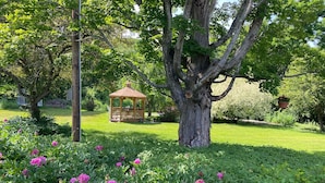 Um gazebo em um jardim exuberante, com plantas floridas e uma grande árvore.