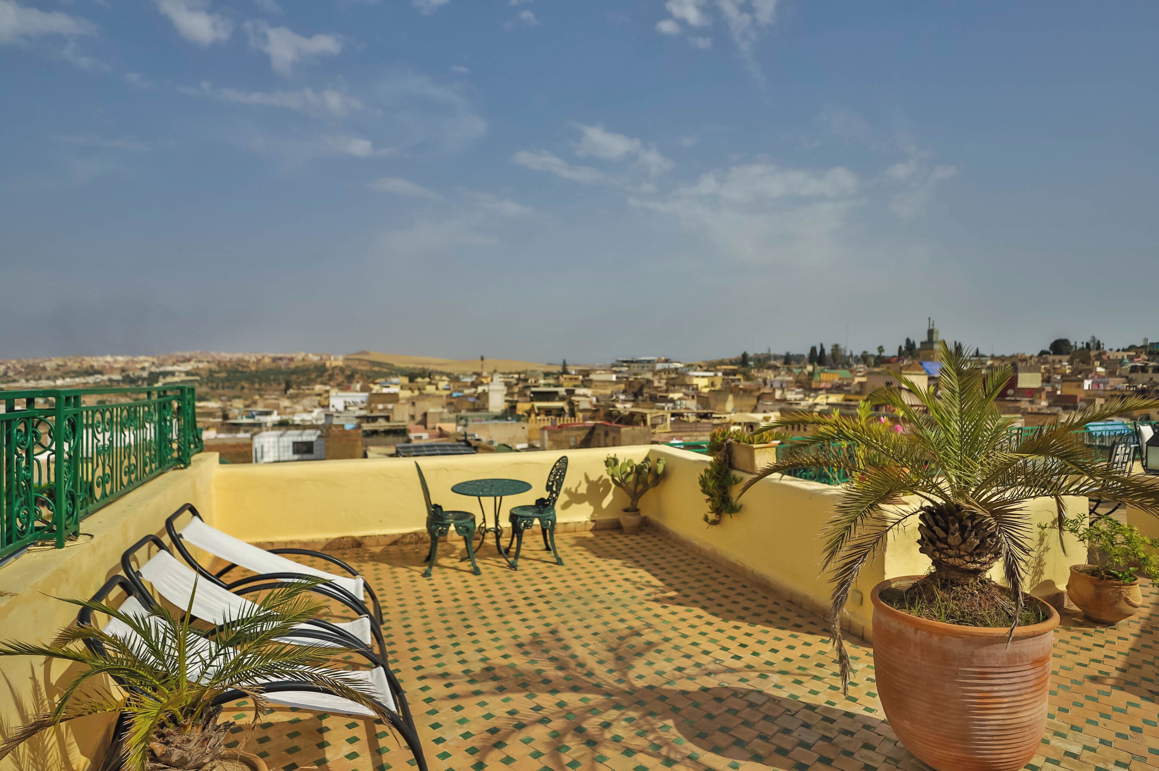 A rooftop terrace with a view of a cityscape, featuring a table and chairs, potted plants, and a green railing.