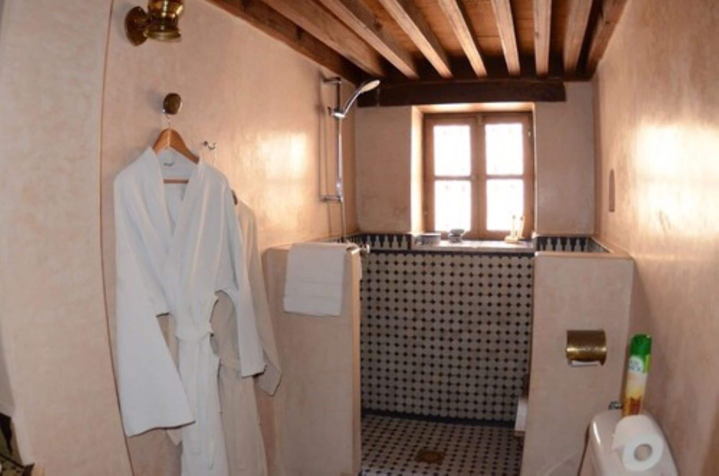 Un baño con ducha, una toalla colgada en la pared y un inodoro.