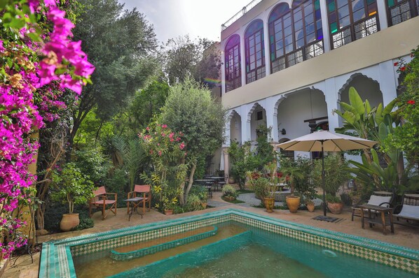 A courtyard with a pool, potted plants, and outdoor seating. - Ryad Mabrouka (Fes)