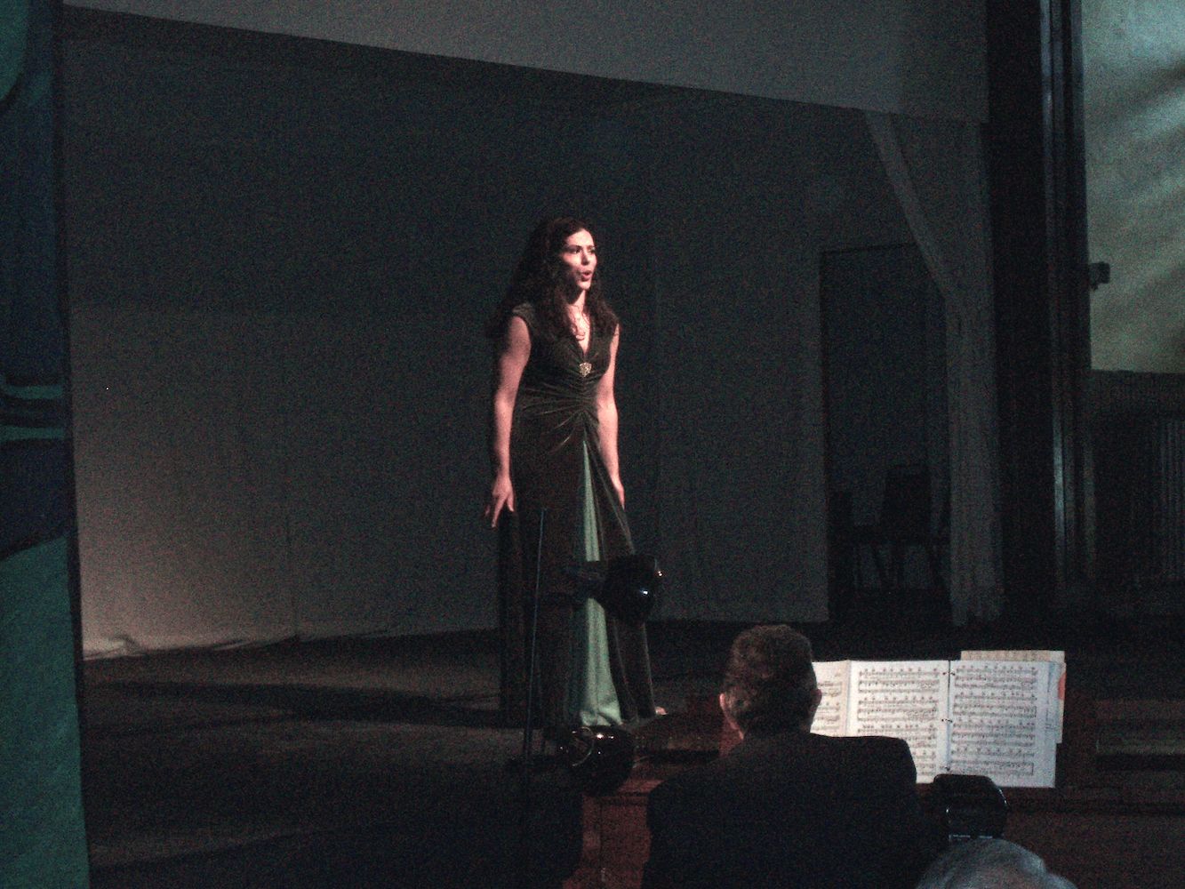 Una persona in piedi su un palco, con un leggio sullo sfondo.
