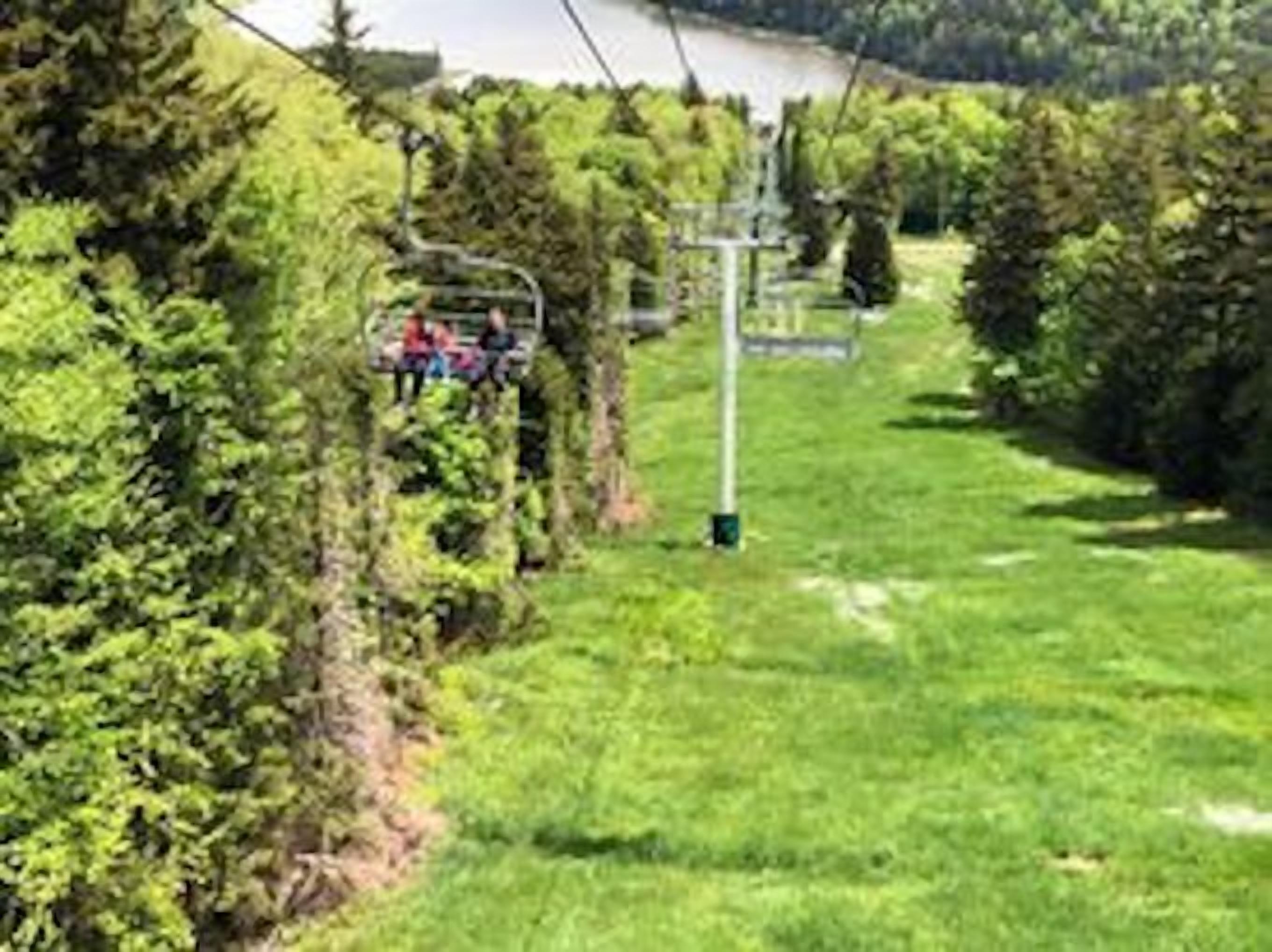 Eine Seilbahnanlage in einer üppigen, grünen Landschaft mit dichter Vegetation auf der einen Seite und einem klaren Weg auf der anderen.