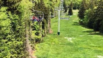 Eine Seilbahnanlage in einer üppigen, grünen Landschaft mit dichter Vegetation auf der einen Seite und einem klaren Weg auf der anderen.