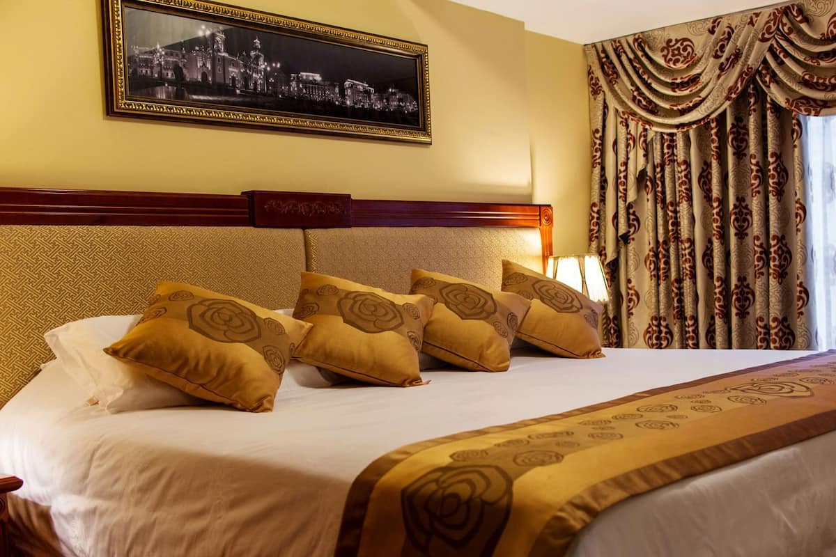 Una habitación de hotel con una cama grande, almohadones decorativos, un cuadro en la pared y cortinas ornamentadas.