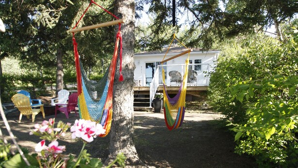 Un hamac est suspendu à un arbre dans un jardin, avec une maison en arrière-plan.