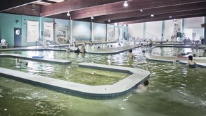 Une grande piscine intérieure dotée de plusieurs couloirs et d’un espace central dédié aux activités aquatiques.