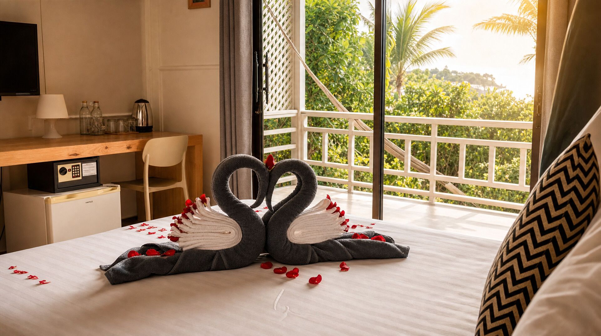 A hotel room with a bed, a desk, a chair, a safe, and a balcony with a view of greenery.