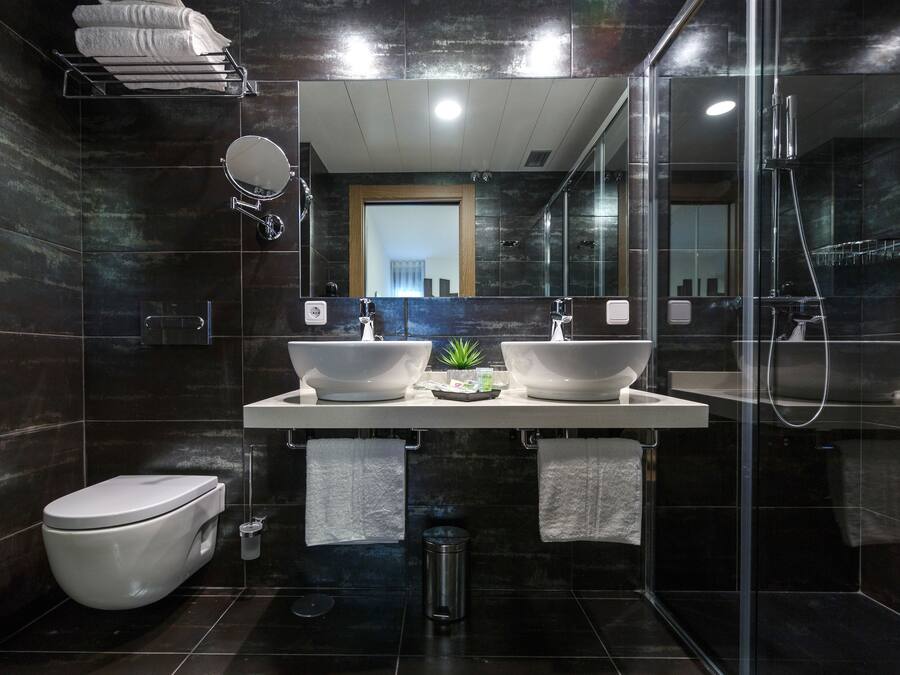 Un baño moderno con baldosas oscuras, un inodoro, dos lavamanos con recipientes amplios, un espejo y una zona de ducha con paredes de vidrio.