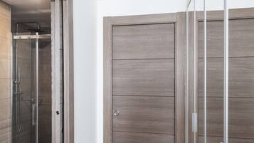 Un baño moderno con cabina de ducha de vidrio, suelo de madera y un amplio armario con puerta de espejo.