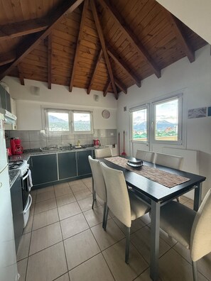 Apartamento panorâmico, 1 quarto, terraço, vista para o mar | Cozinha privada | Geladeira grande, micro-ondas, fogão, cooktop