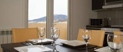 Family Apartment, 1 Bedroom, Sea View | Private kitchen | Full-size fridge, microwave, oven, stovetop