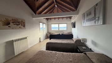 Apartamento panorâmico, 1 quarto, terraço, vista para o mar | Área de estar | TV de tela plana, livros