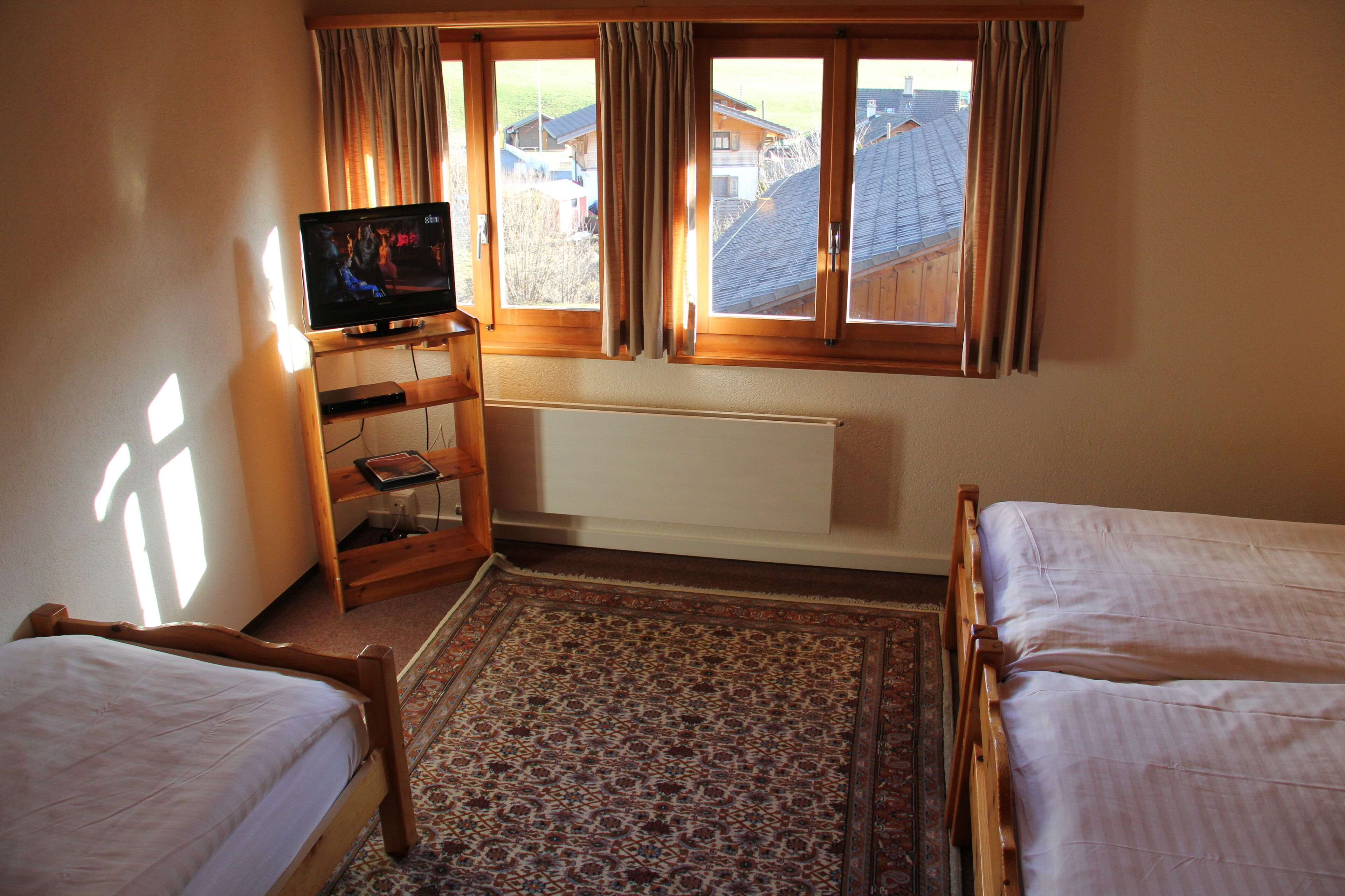Une chambre avec deux lits en bois, un téléviseur posé sur un meuble en bois, un radiateur et un tapis à motifs.