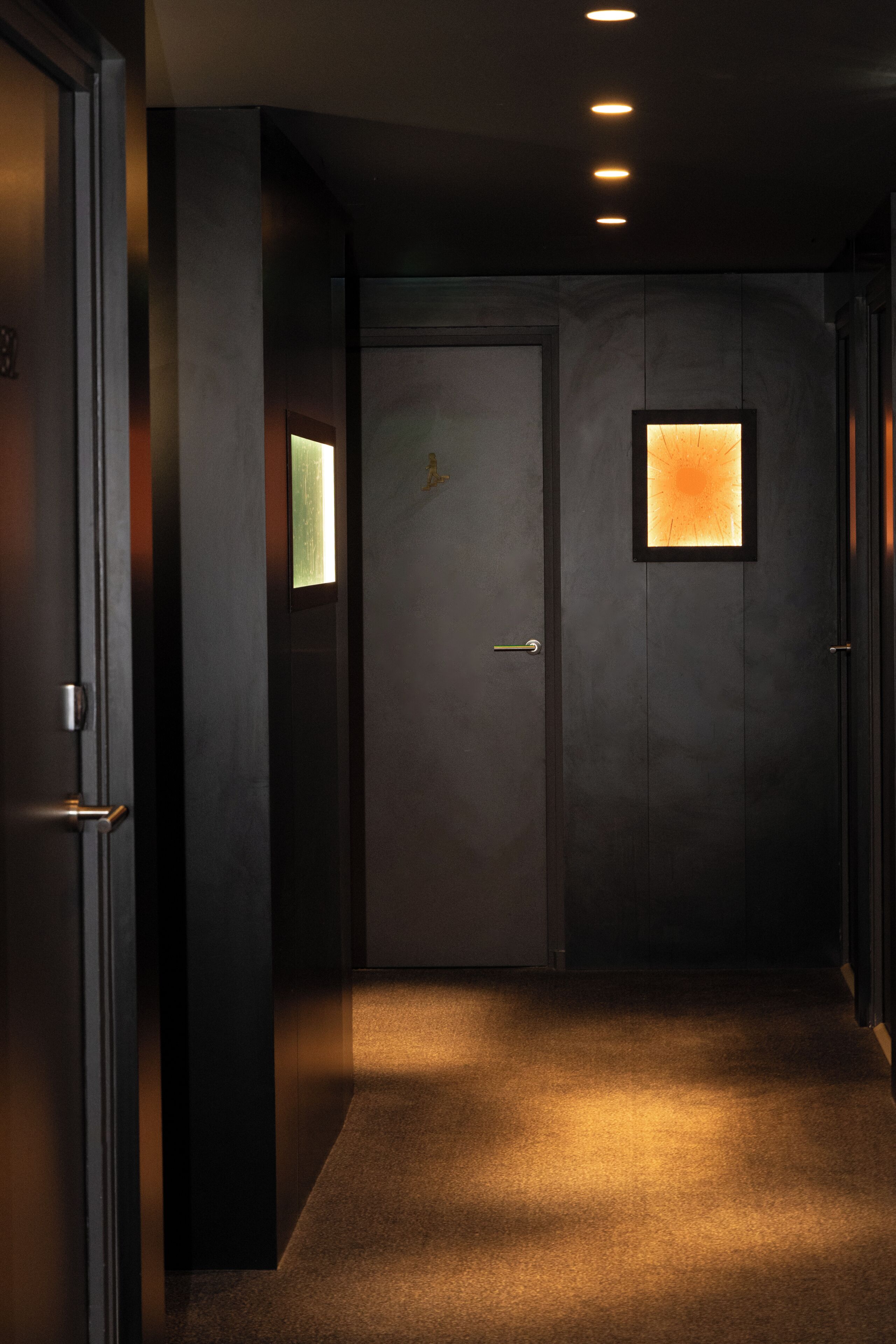 En hall med ett heltäckningsmatta på golvet, en dörr med ett litet fönster och en lampa i taket.