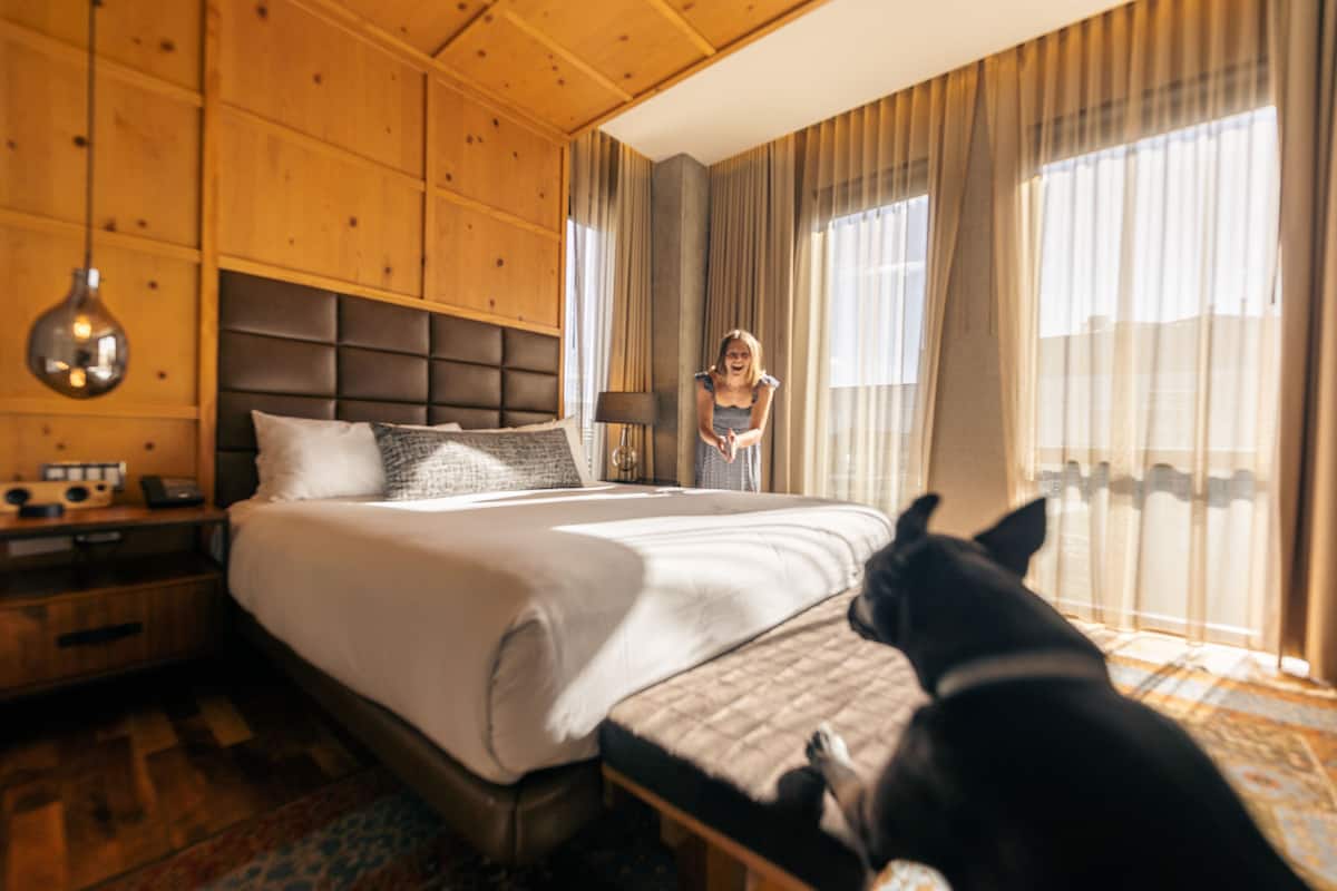 A hotel room with a large bed, wooden panel walls, a nightstand with a lamp, and a window with curtains.