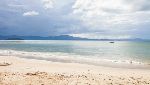 A beach with a boat in the water, a clear sky, and distant mountains. - FL023 6 Bedroom Holiday home By Senstay (Florianópolis)
