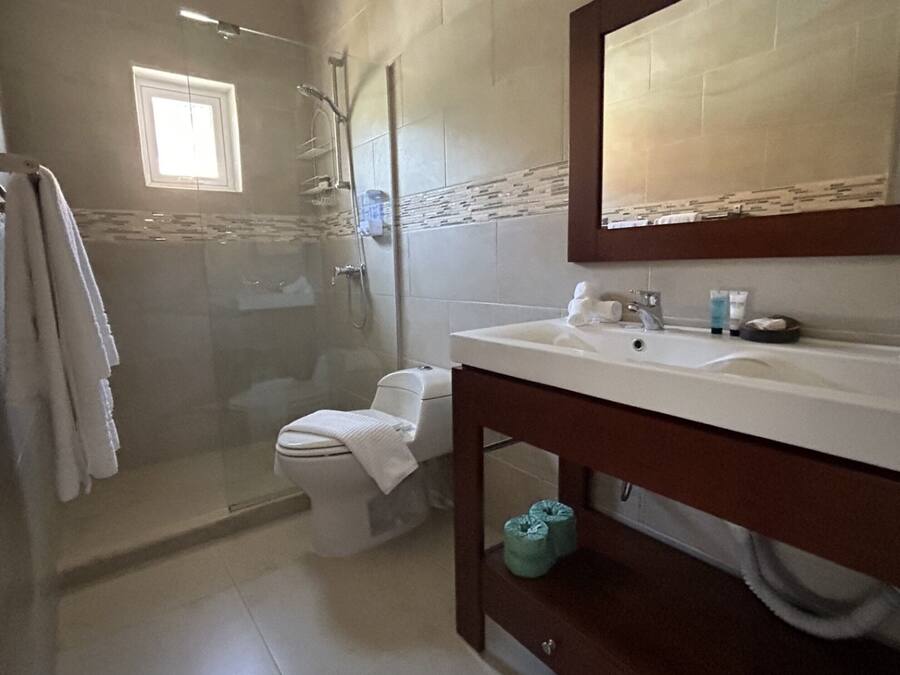 Un bagno con doccia, WC e lavandino.