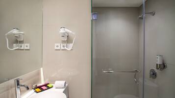 Shower, rainfall showerhead, eco-friendly toiletries, hair dryer