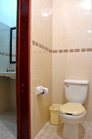 Un baño con inodoro, un cubo de basura y un espejo en la pared.
