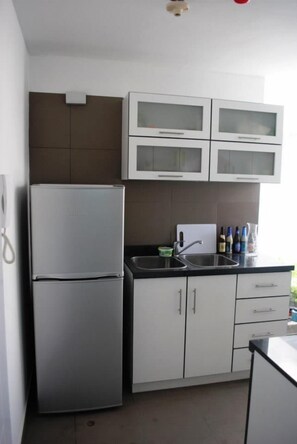 Großer Kühlschrank, Mikrowelle, Herdplatte