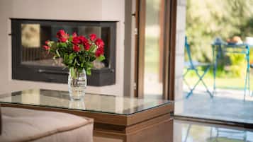 Villa, 3 Bedrooms, Private Pool (Anthelia) | Living area | 43-inch flat-screen TV with satellite channels, plasma TV, fireplace