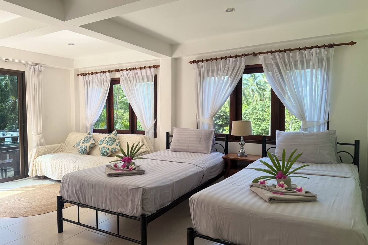 family apartment with garden view | in-room safe, blackout curtains, free wifi, bed sheets