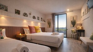 A hotel room with two beds, a desk, a chair, a cactus, and a balcony with a view. - Hôtel Bien-Etre Aux Cyprès de Marquay (Marquay)