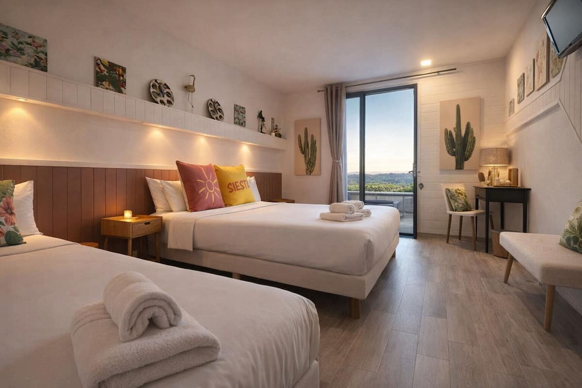 Une chambre d’hôtel avec deux lits, un bureau, une chaise, un cactus et un balcon avec vue.