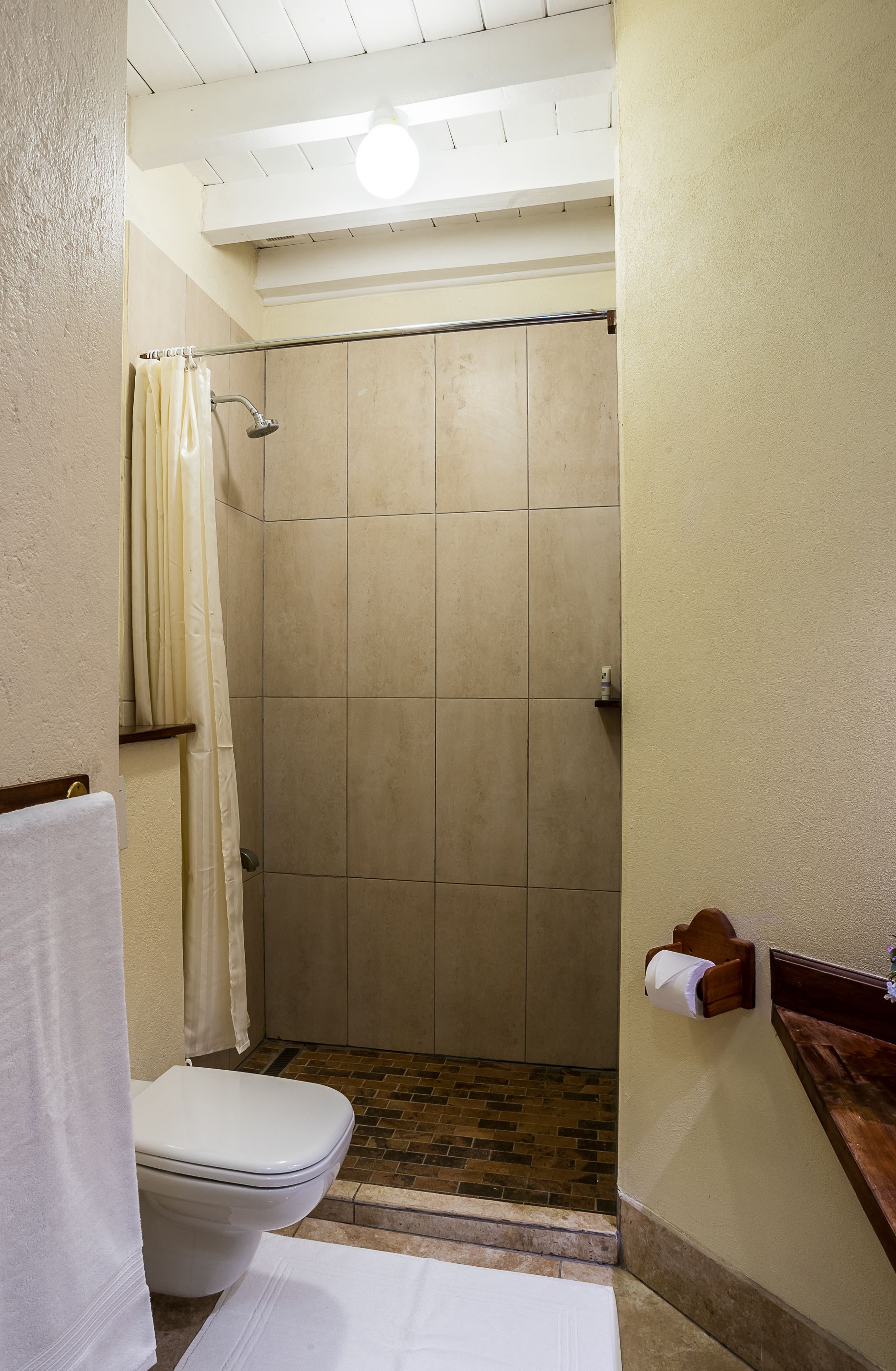 A bathroom with a shower, toilet, and a towel rack.