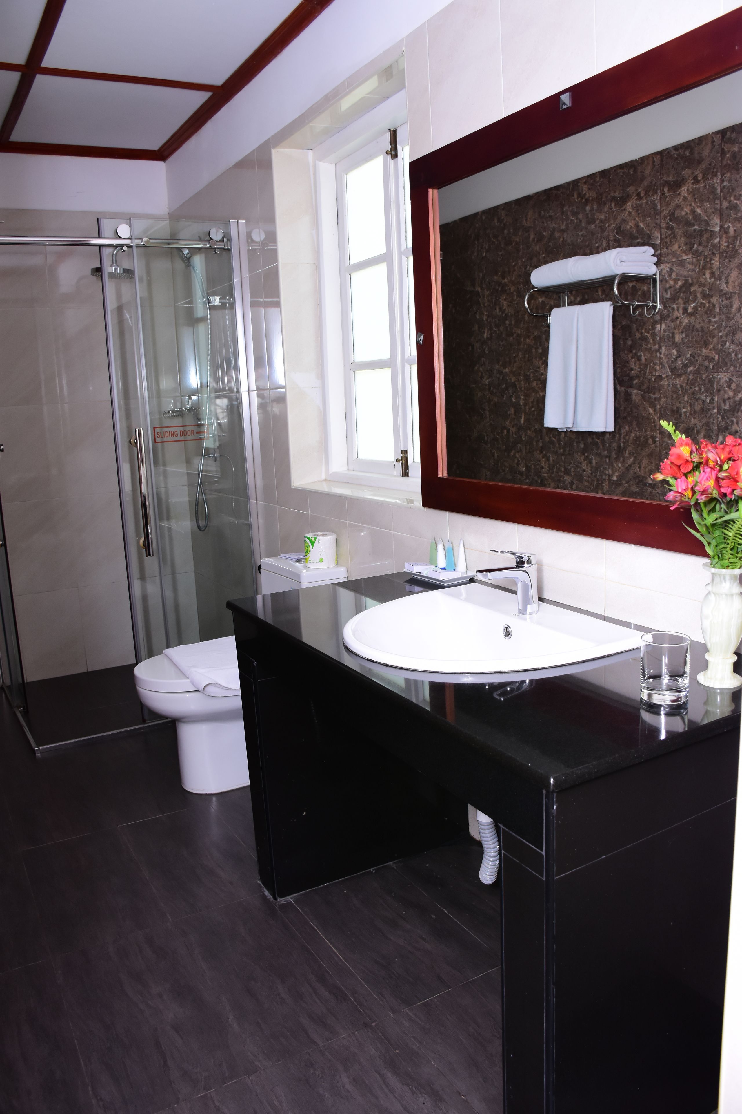 A modern bathroom with a glass shower enclosure, a white toilet, a black vanity with a white sink, and a mirror with a towel rack.