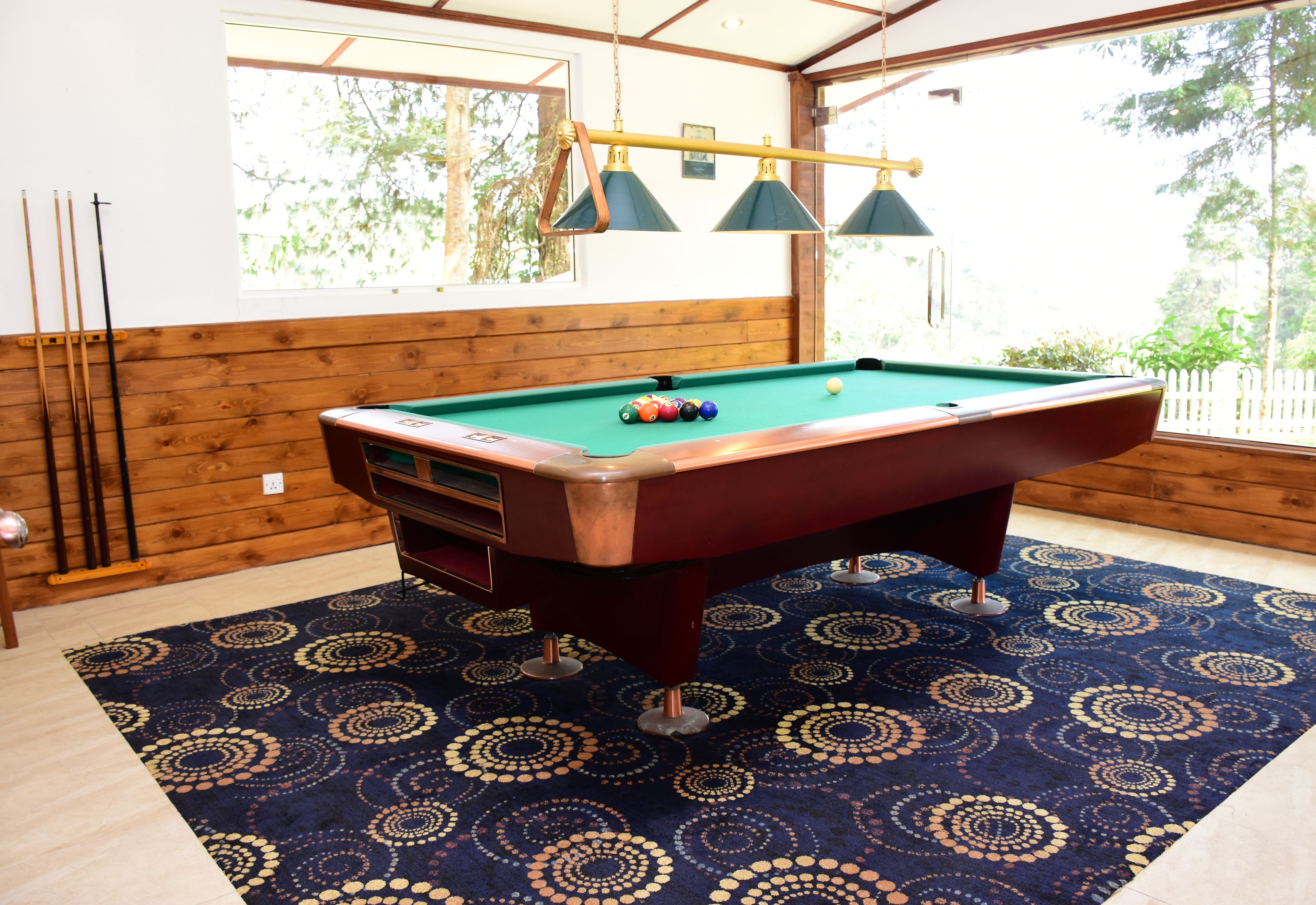 A pool table with balls, surrounded by a patterned carpet, wooden walls, and a window with a view of trees.