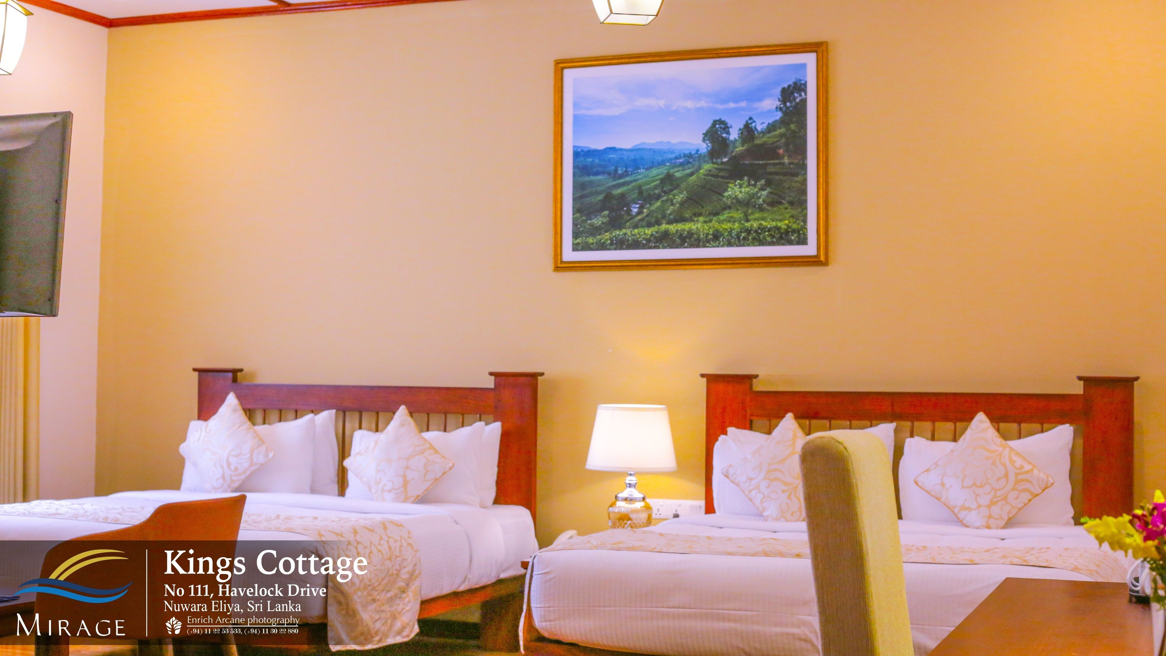 Una camera d'albergo con due letti, un comodino con una lampada, un quadro con un paesaggio e vista su un verde scenario.