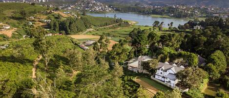 A rural landscape with a house surrounded by lush greenery and a lake.
