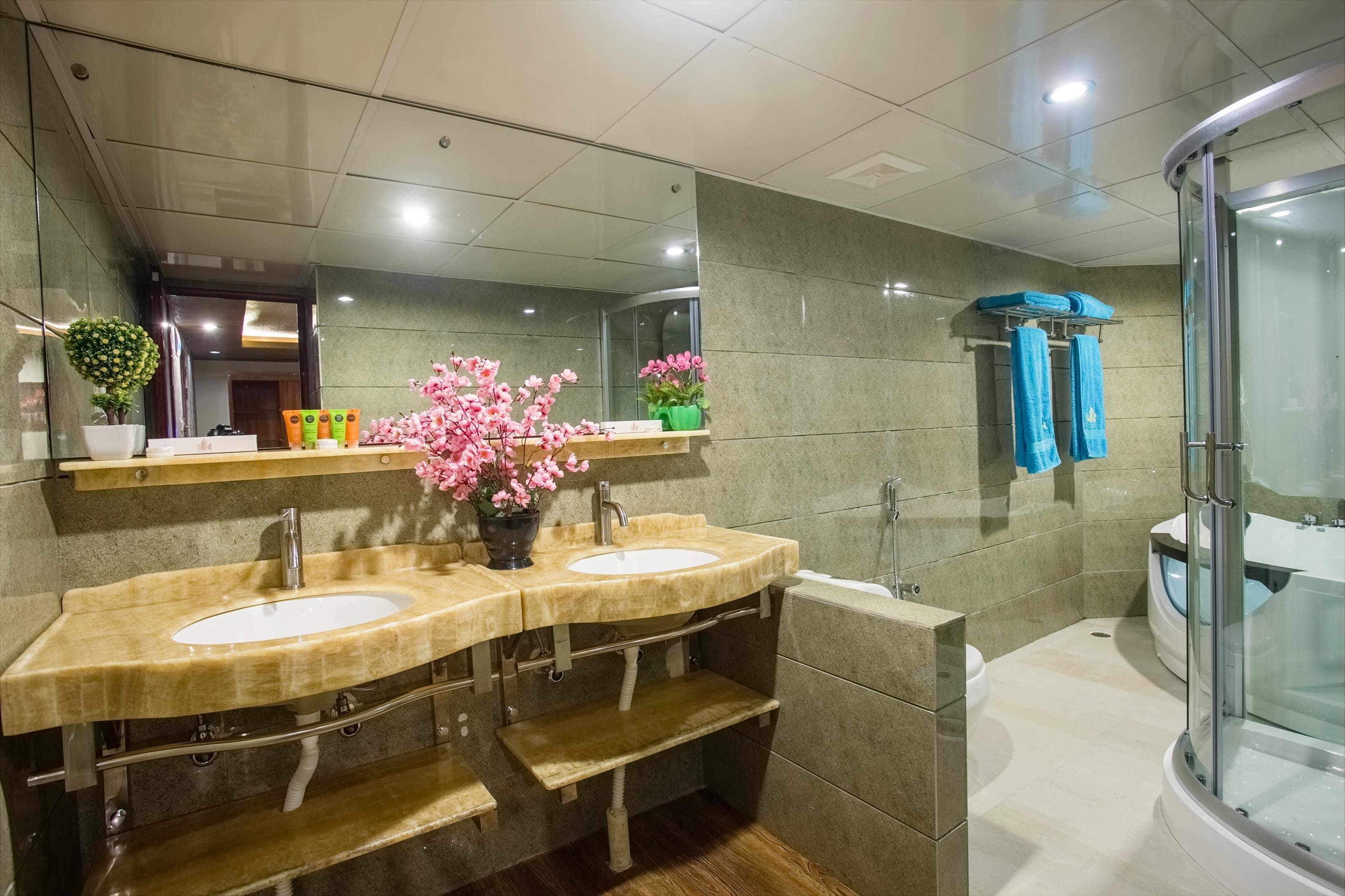 shower, free toiletries, towels