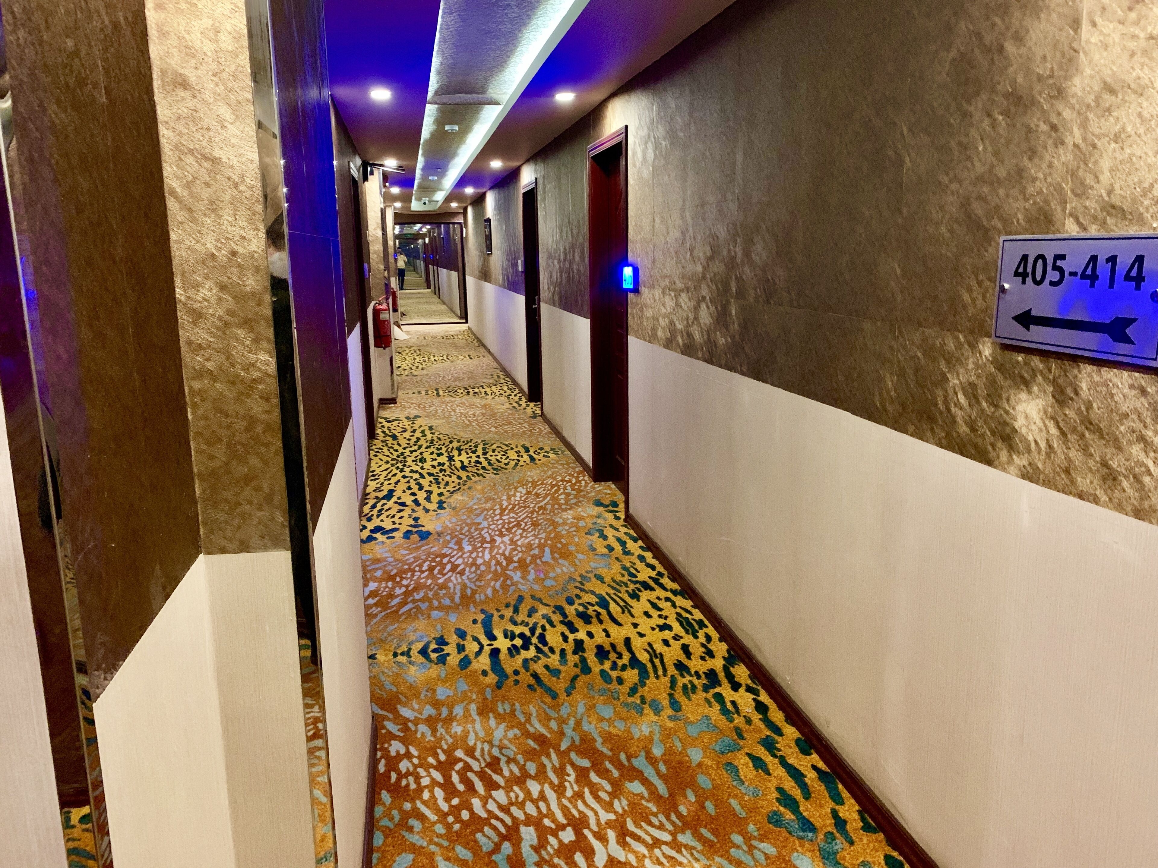 A hotel hallway with a patterned carpet, a directional sign, and a fire extinguisher.