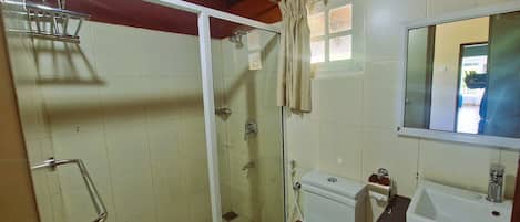 Un baño con ducha envuelta en vidrio, inodoro y lavamanos.