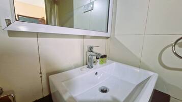 A bathroom with a white sink, a mirror above it, and a shower area visible through a window.