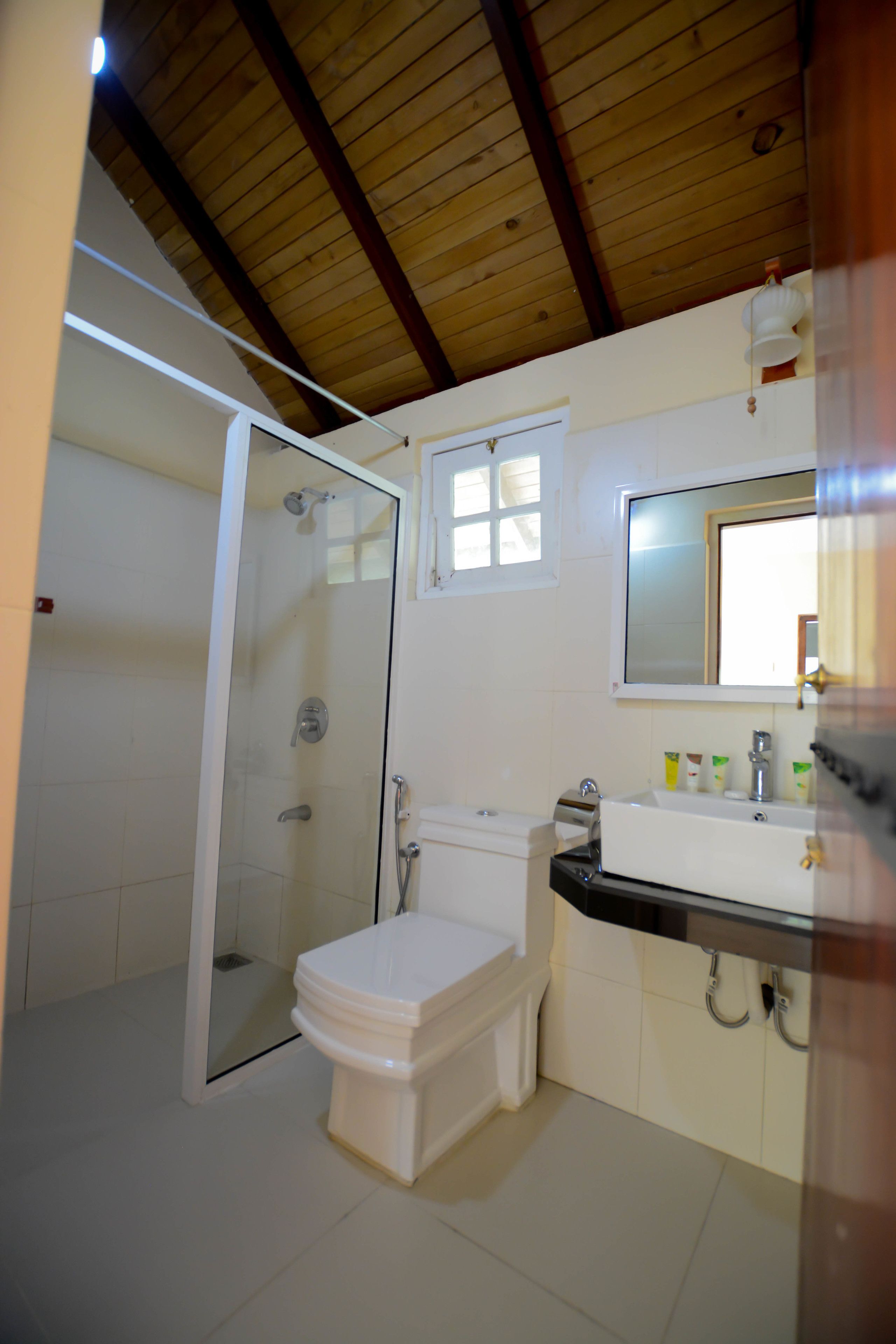 A bathroom with a glass-enclosed shower, a white toilet, a sink with a black countertop, and a mirror above the sink.