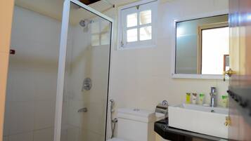 A bathroom with a glass-enclosed shower, a white toilet, a sink with a black countertop, and a mirror above the sink.