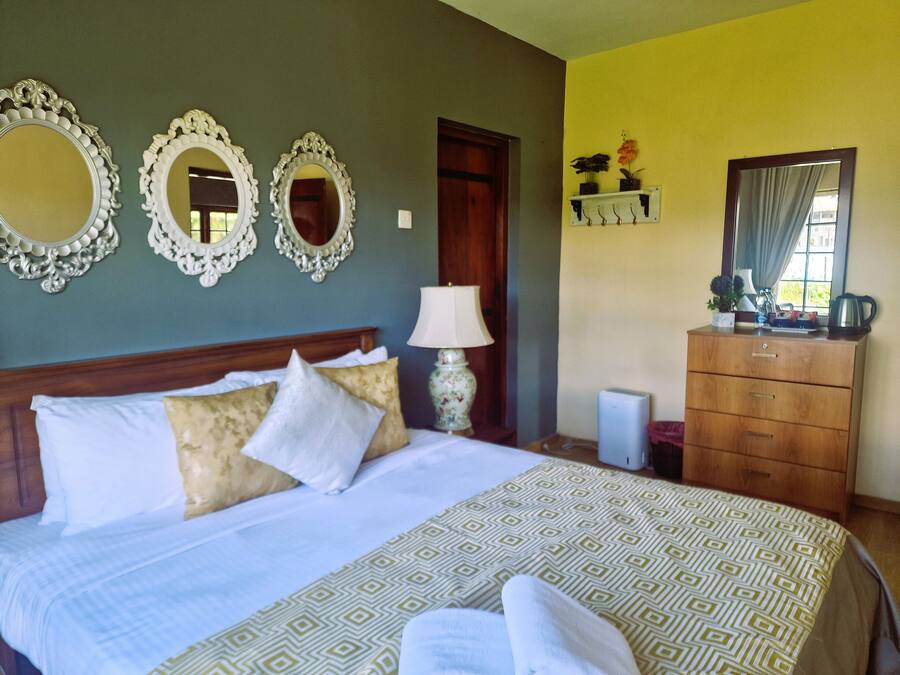 A hotel room with a bed, two ornate mirrors, a dresser, and a lamp.