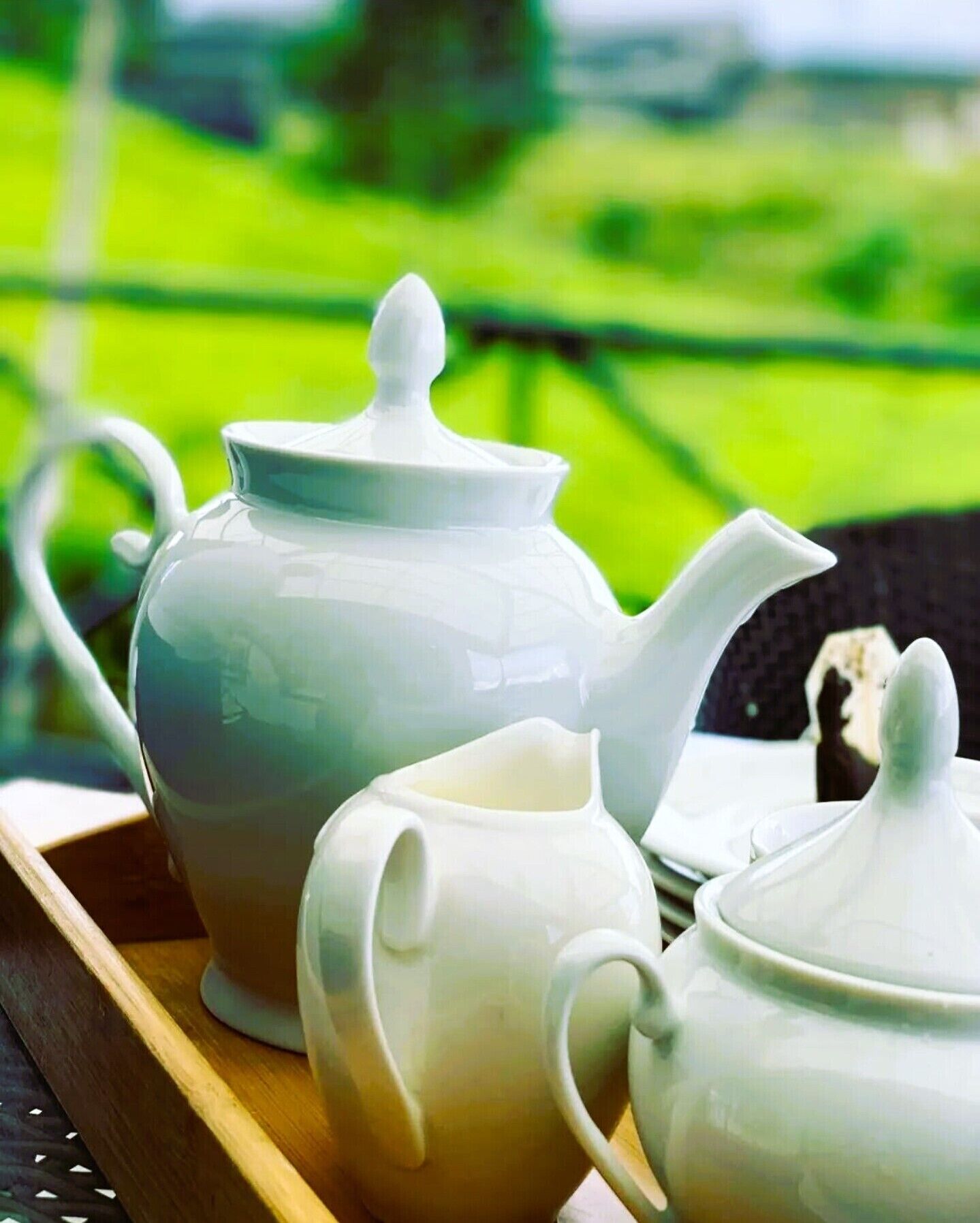 A tray with a teapot and two cups on a wooden surface with a green landscape in the background.
