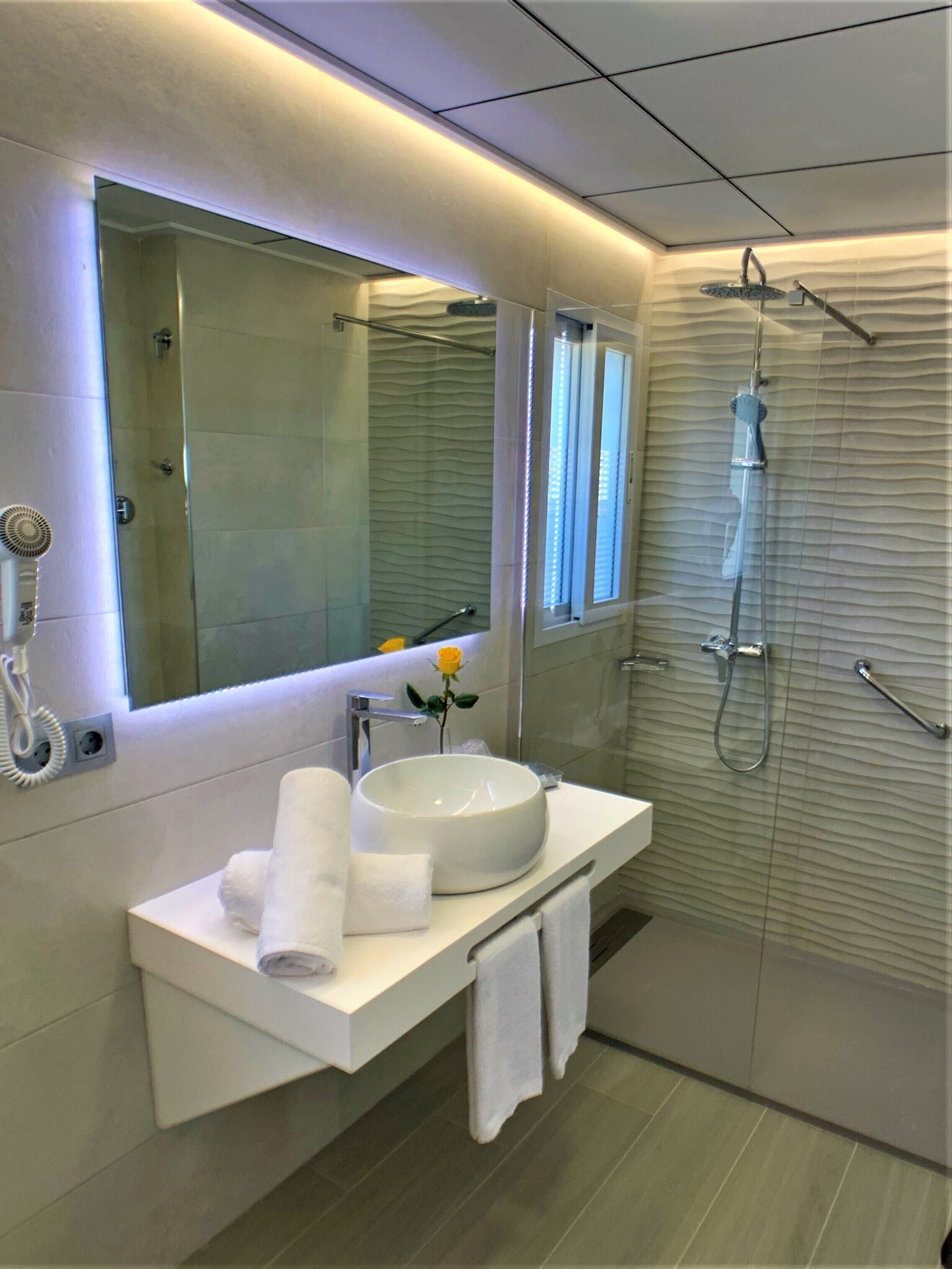 shower, free toiletries, hair dryer, towels