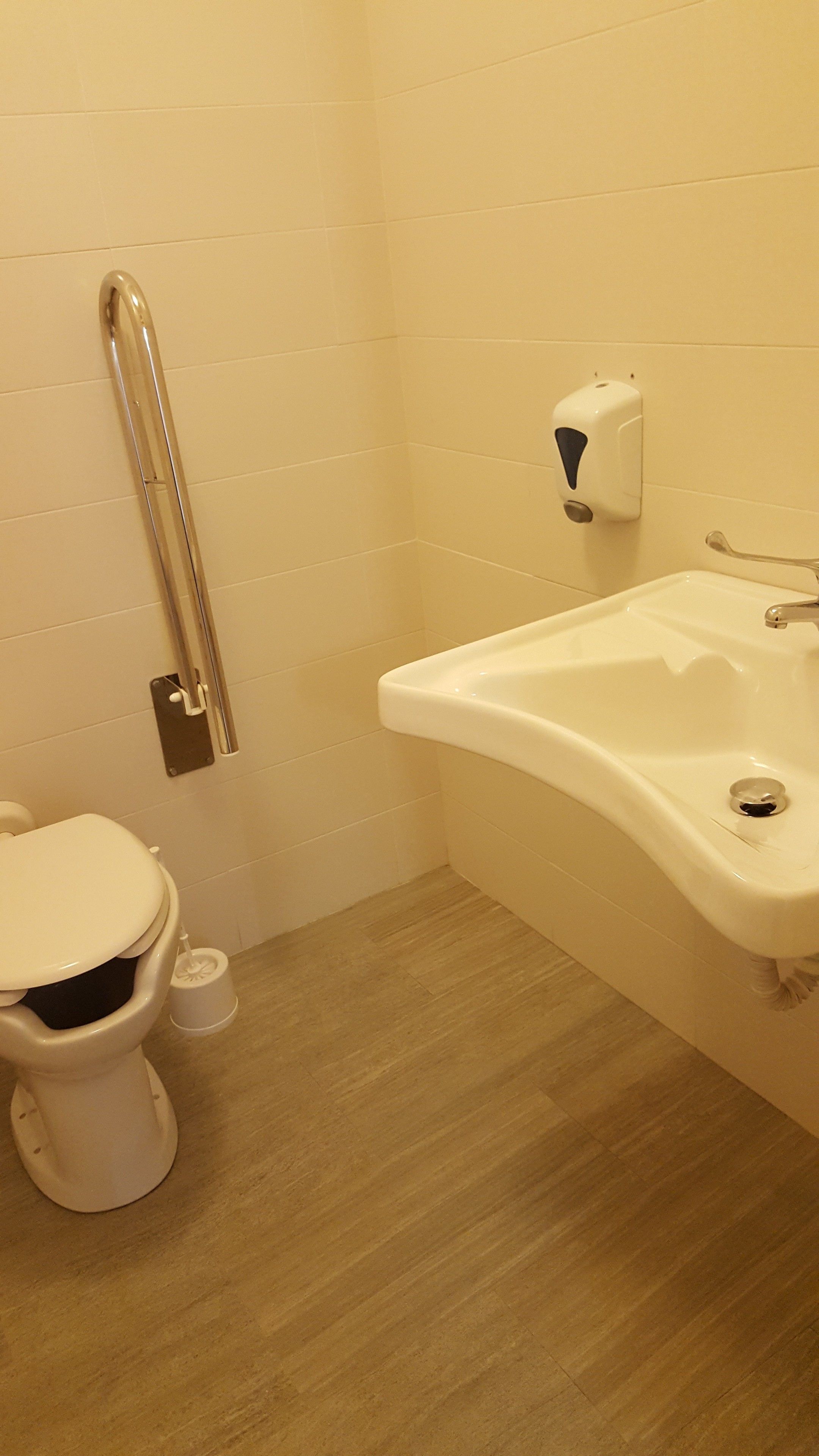 Un baño con inodoro, barra de apoyo, lavamanos y dispensador de jabón.