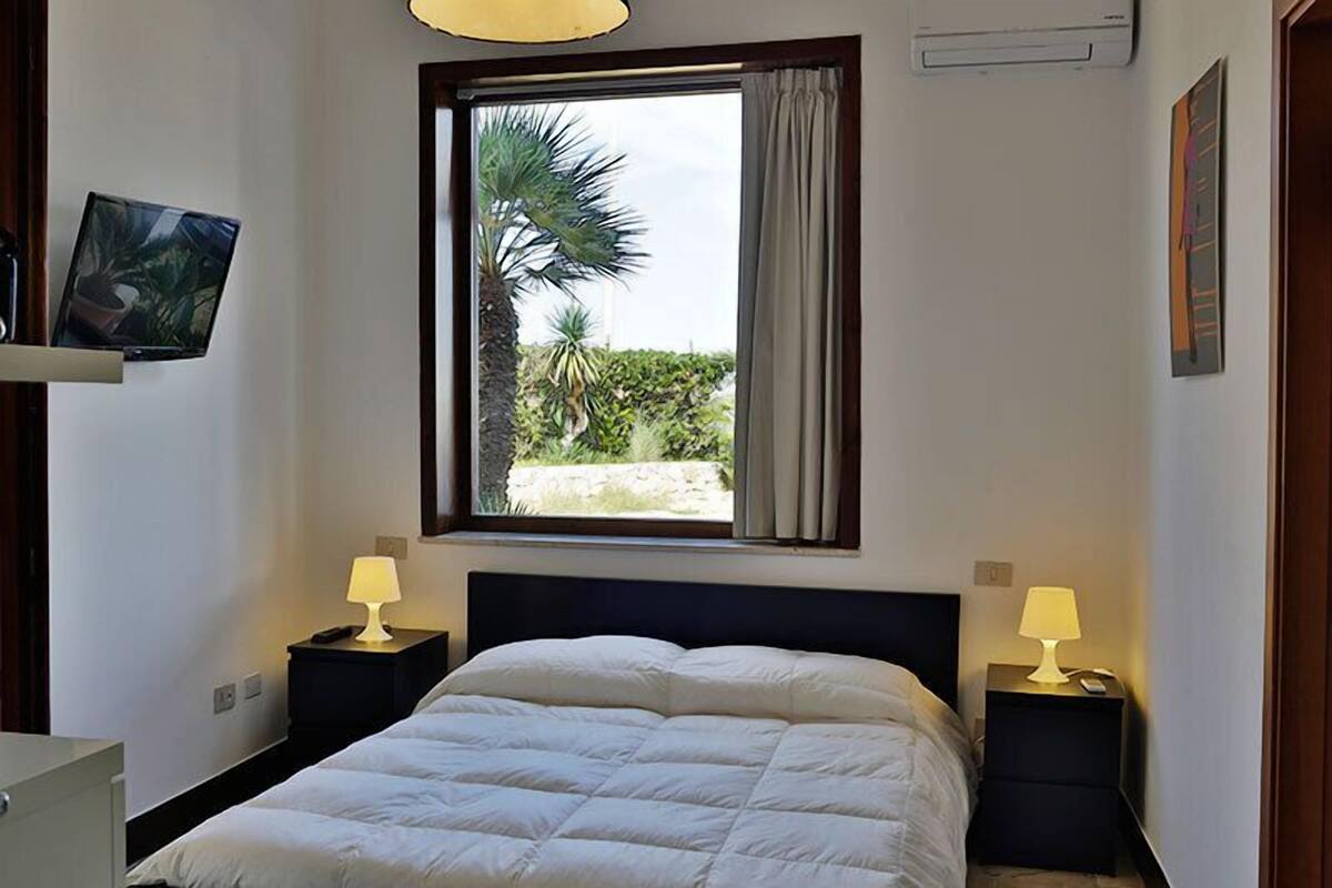 A hotel room with a bed, two bedside tables with lamps, a TV on the left, and a window with a view of greenery and a palm tree.
